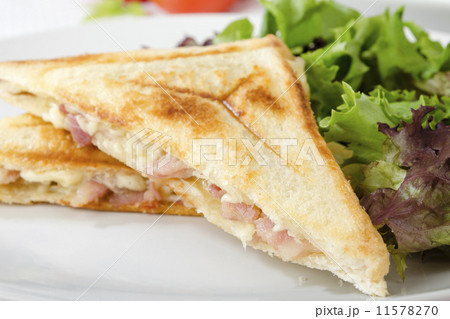 Bacon & Cheese Toastie served with salad. Close up.  11578270