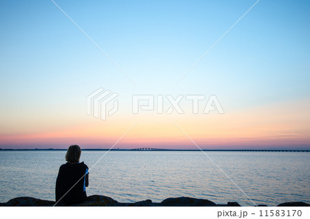 Woman watching bridge at sunset 11583170