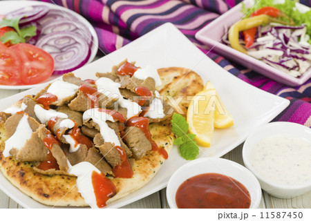 Donner Meat on Naan - Slices of donner meat on a flatbread  11587450