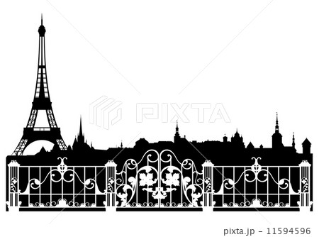 Paris city easy editable decorative border - french cityscape with eiffel tower vector silhouette 11594596