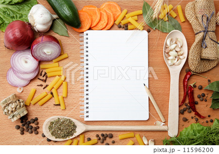 notebook for recipes and spices on wooden table notebook for recipes and spices on wooden table 11596200