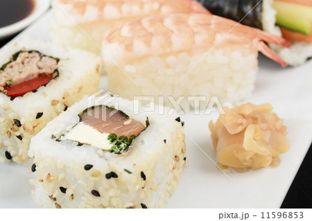 Sushi Platter - Uramaki, Nigiri & Temaki with wasabi and gari  Sushi Platter - Uramaki, Nigiri & Temaki with wasabi and gari  11596853