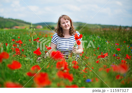 Girl gathering poppies on the field in Auvergne 11597327