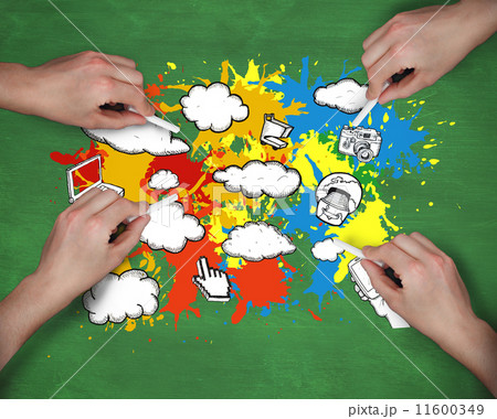 Composite image of multiple hands drawing apps with chalk 11600349