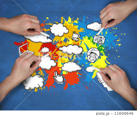 Composite image of multiple hands drawing apps with chalk Composite image of multiple hands drawing apps with chalk 11600646