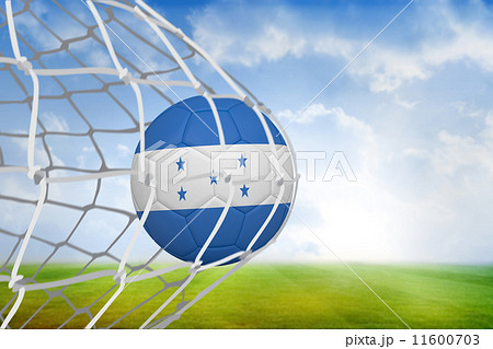Composite image of football in honduras colours at back of net 11600703