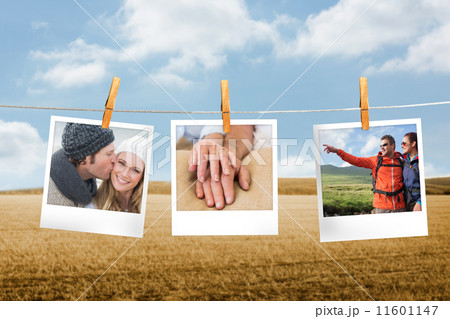 Composite image of instant photos hanging on a line 11601147