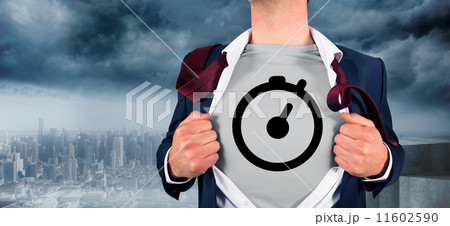 Composite image of businessman opening shirt in superhero style 11602590