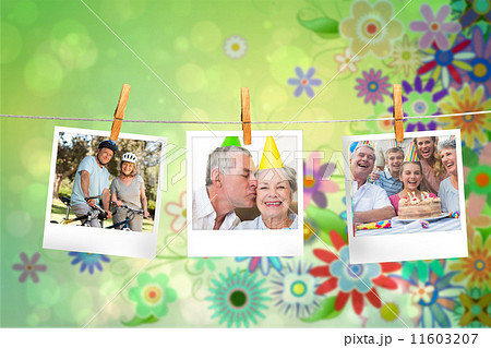 Composite image of instant photos hanging on a line 11603207