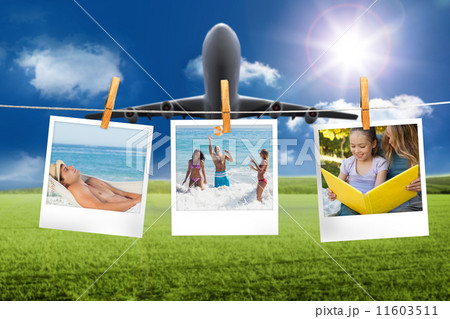 Composite image of instant photos hanging on a line 11603511