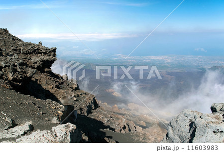 Panoramic view from mount Etna with sea and towns beneath, Sicil Panoramic view from mount Etna with sea and towns beneath, Sicil 11603983