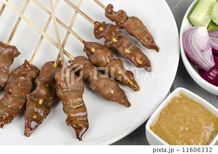 Duck Satay served with peanut sauce, red onions and cucumber.  11606332