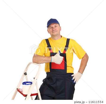 Worker on ladder showing sign okey. 11611554