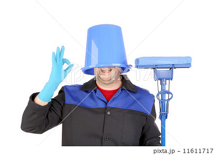 Man with head inside of bucket. 11611717