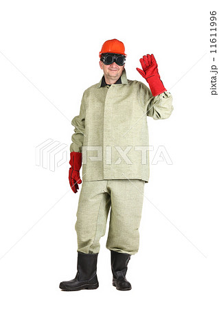 Welder in hard hat with hand up. Welder in hard hat with hand up. 11611996