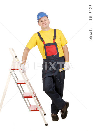 Worker on ladder with brush and bucket. 11612122