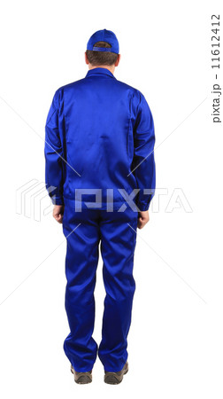 Worker in blue workwear. Back view. Worker in blue workwear. Back view. 11612412