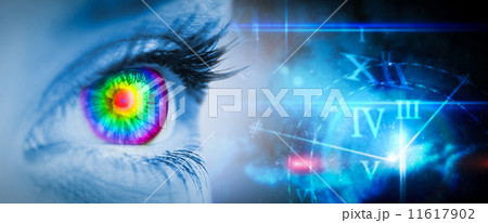 Composite image of pyschedelic eye on blue face 11617902