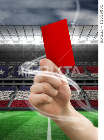 Composite image of hand holding up red card 11619001