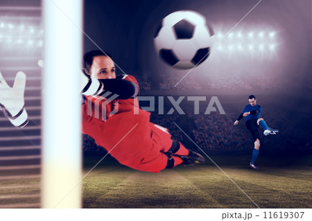 Composite image of fit goal keeper jumping up Composite image of fit goal keeper jumping up 11619307