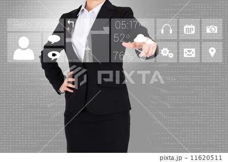 Businesswoman in suit pointing finger to app menu 11620511