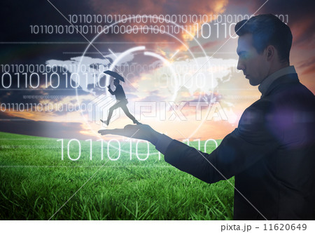 Composite image of businessman jumping holding an umbrella 11620649