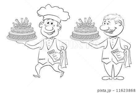Cook and waiter with holiday cakes, outline 11623868