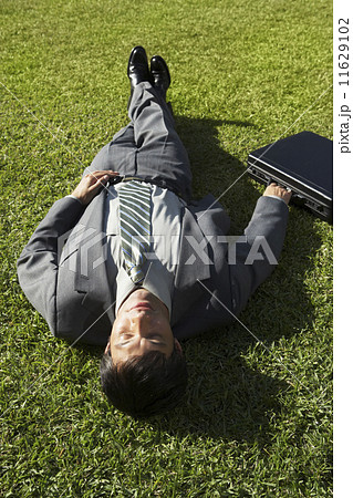 South American businessman laying in grass 11629102
