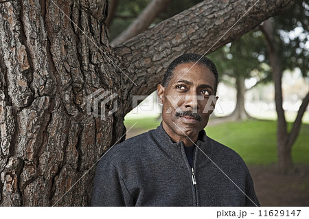 African man leaning on tree in park African man leaning on tree in park 11629147