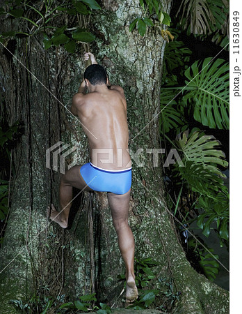 Hispanic man wearing bathing suit climbing tree 11630849