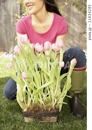 Asian woman picking up flowers 11634285