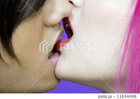 Extreme close up of young Hispanic couple kissing 11634406