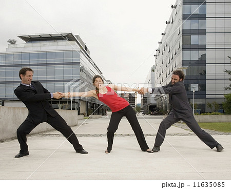 Multi-ethnic businessmen having tug of war with woman 11635085