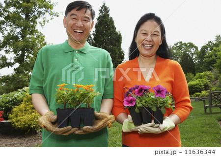 Senior Asian couple holding potted plants 11636344