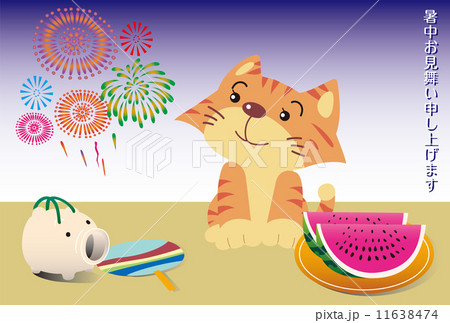 花火と猫と夏の風物詩の暑中見舞い状 花火と猫と夏の風物詩の暑中見舞い状 11638474