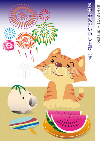 花火と猫と夏の風物詩の暑中見舞い状のイラスト素材