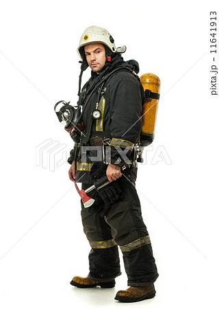 Firefighter with axe and oxygen balloon isolated on white 11641913