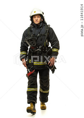 Young firefighter with helmet and axe isolated on white Young firefighter with helmet and axe isolated on white 11641914