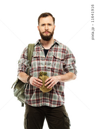 Handsome traveler with backpack and flask isolated on white 11641916
