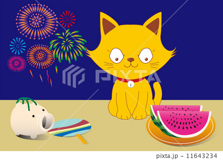 花火と猫と夏の風物詩のポストカードのイラスト素材 [11643234