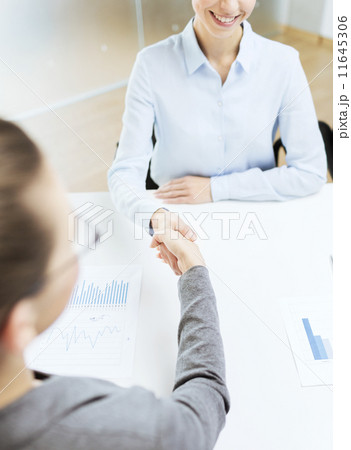 two smiling businesswoman shaking hands in office 11645306