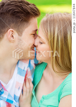 smiling couple kissing and hugging in park smiling couple kissing and hugging in park 11647844