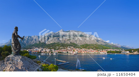 Panorama of Makarska and statue of St. Peter at Croatia 11650404
