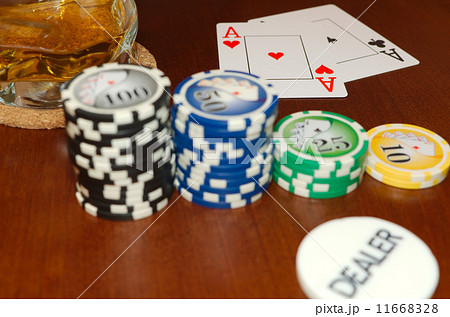 A Pair of Aces and Casino Tokens with a Dealer Button 11668328