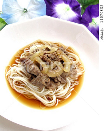 夏料理 炒めた豚肉をのせた冷たいひやむぎ Summer dish Cold thin wheat noodles which carried the stir-fried pork 夏料理 炒めた豚肉をのせた冷たいひやむぎ Summer dish Cold thin wheat noodles which carried the stir-fried pork 11670332