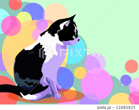 猫 ねこ ネコ イラスト かわいい カラフル 水玉 シャボン玉 キャラクター 白黒 のイラスト素材 1165