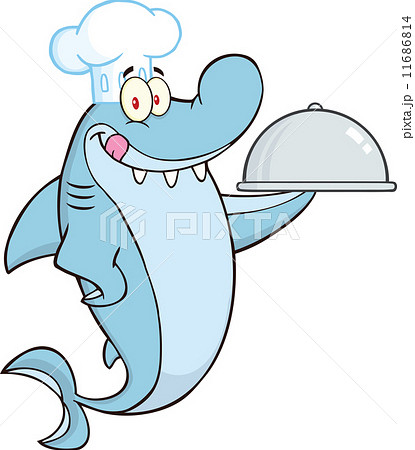 Chef Shark Cartoon Character Holding A Platter Chef Shark Cartoon Character Holding A Platter 11686814