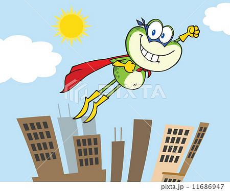 Frog Superhero Cartoon Character Flying Over The City 11686947