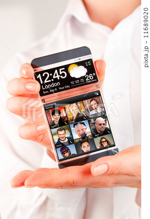 Smartphone with transparent screen in human hands. Smartphone with transparent screen in human hands. 11689020