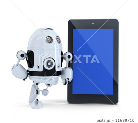 Robot with tablet pc. Isolated. Contains clipping path of tablet screen and entire scene. 11689710